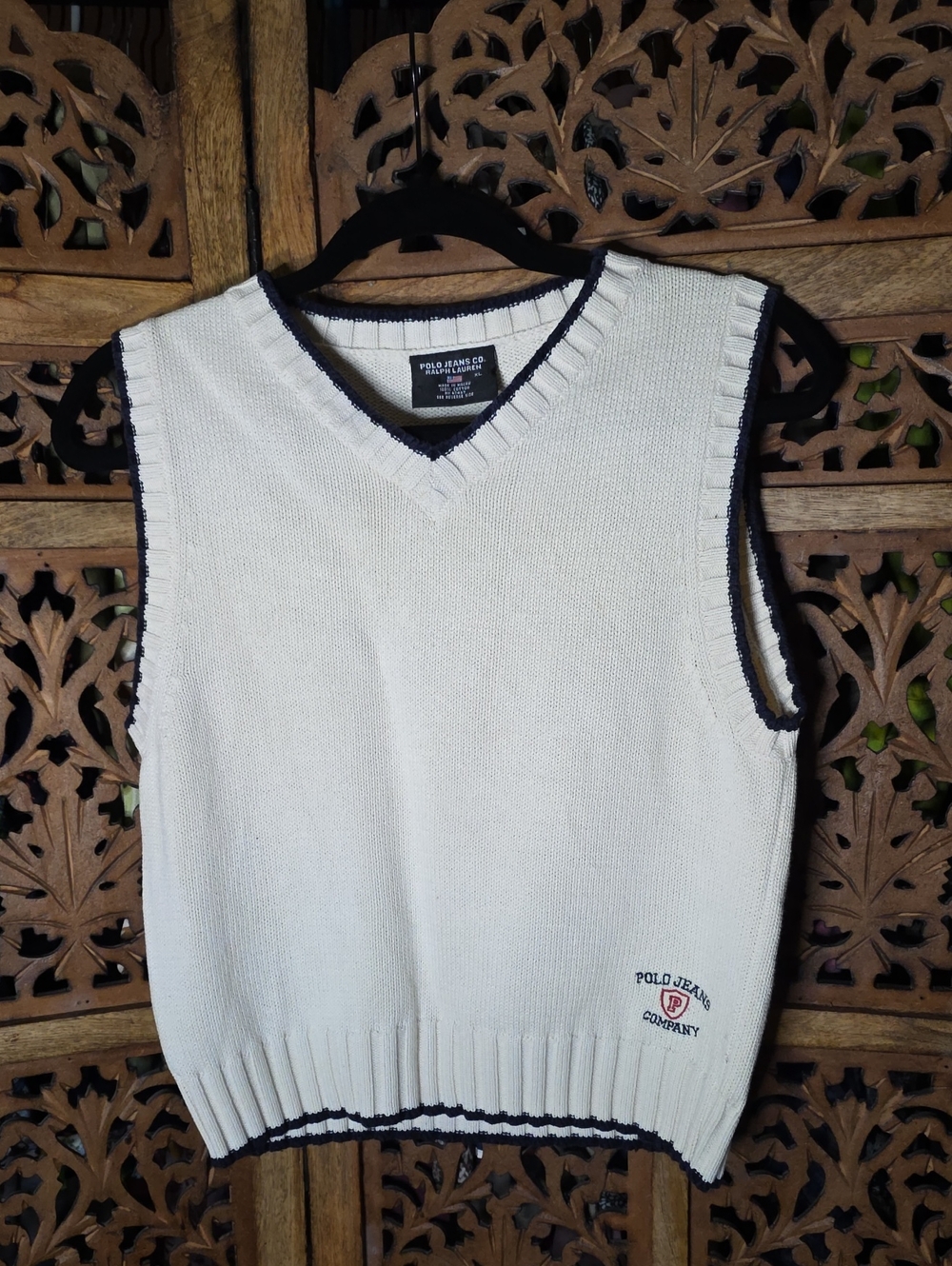 Polo by Ralph Lauren Cream V-Neck Sweater Vest with Navy Trim